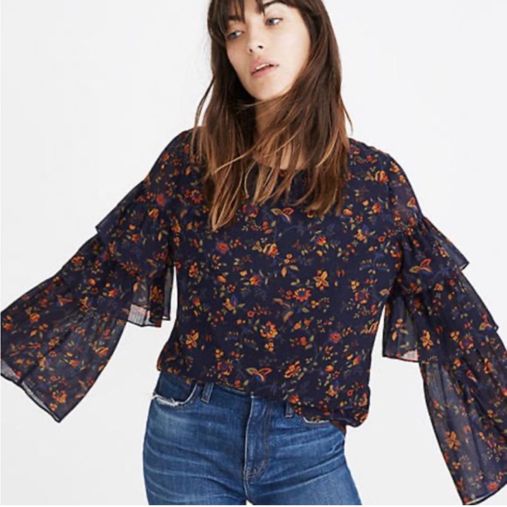 Madewell Ruffle Sleeve Floral Top - Navy